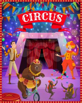 Circus show clown, juggler and trained animals. Vector cirque or carnival tent arena with performers, acrobat, bear and monkey with lights and festive bunting garland or flags