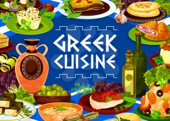 Greek cuisine meat, vegetable and seafood dishes vector frame. Olives feta salad, eggplant moussaka and risotto, cheese rolls, pita bread and dolma, beef and spinach pies, squid, meatballs