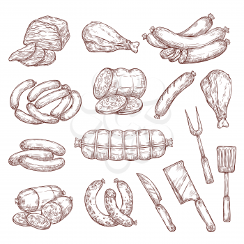 Beef and pork sketches, sausages, butcher and barbecue tools. Meat food vector sketches. Salami, ham, chicken and turkey legs, smoked frankfurter, pepperoni and wurst, knives, bbq meat fork