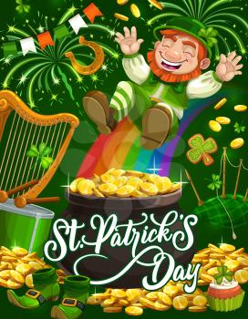 Patricks Day leprechaun sliding down rainbow into pot of gold vector greeting card. Green shamrock, golden coins and clover leaves, lucky horseshoe, celtic elf treasure cauldron and shoes, drum, harp
