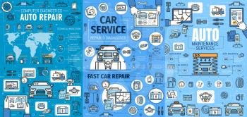 Car service, auto repair, maintenance and diagnostics vector infographics. Graphs, charts and world map with wheel tires, vehicle spare parts and motor oil, spanner, wrench, pistons and batteries
