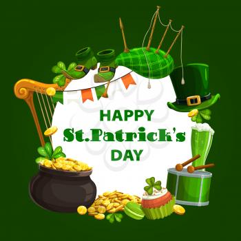 Irish holiday green shamrock, leprechaun hat and pot of gold vector design of St Patrick Day. Lucky clover leaves, golden coins and beer, celtic elf hat, shoes and bagpipe, drum, cake and Ireland flag