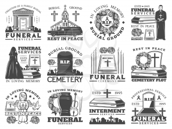 Funeral service icons with coffins and cemetery tombstones vector design of burial, cremation and interment memorial ceremony. Urn, Bibles and flower wreath, grave crosses, candles, church, priest