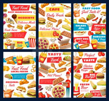 Fast food restaurant vector posters with takeaway meal, drink and desserts. Pizza, hamburger and hot dog, soda, fries and cheeseburger, chicken legs, nuggets and coffee, donut, ice cream and sandwich