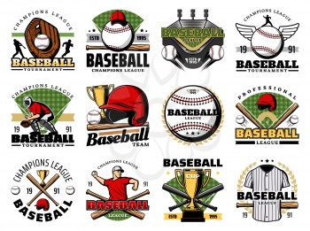Baseball sport game champion league badges with vector balls, bats and team players. Trophy cups, stadium play fields and catcher glove, pitcher jersey, cap and winner laurel wreath retro icons