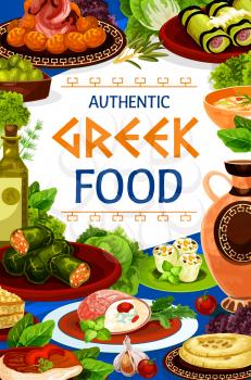 Greek food of vegetable, seafood and meat dishes with bread and olive oil. Vector frame of beef, eggplant and cheese rolls, stuffed squids and dolma, meatball keftedes and pita with herbs and spices
