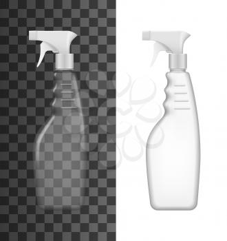 Spray bottle 3d mockup templates of clear and white plastic containers with trigger sprayers and pistol grip packs. Vector kitchen cleaner packaging, laundry detergent and house cleaning products