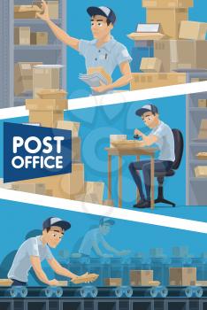 Post office vector design of mail delivery service. Postmen sorting and stamping parcel boxes and packages, letter envelopes, newspaper and correspondence on counter and conveyor of stockroom