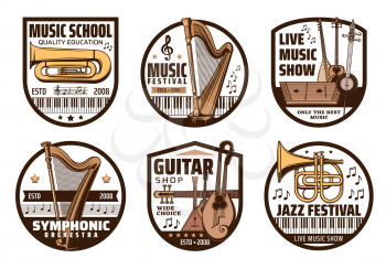 Music instrument, musical note and treble clef vector badges. Classical piano, trumpet, harp and tuba, ethnic japanese shamisen, russian balalaika and indian sitar retro icons, jazz and folk festival