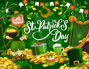 Leprechaun with pot of gold, St Patricks Day vector design. Irish holiday elf with green shamrock, hat and beer, lucky clover leaves, horseshoe and golden coins, treasure cauldron, drum, bagpipe
