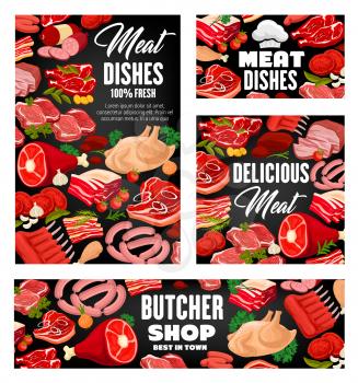 Meat food with green herbs and spices vector design. Pork sausages, beef steaks and salami, ham, chicken and bacon, lamb ribs, roast, barbecue frankfurter and burgers posters with parsley, bay leaves
