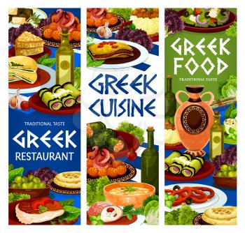 Greek restaurant food vector design of meat, seafood and vegetable dishes with bread and olives. Greek salad, feta cheese, eggplant and beef rolls, dolma, moussaka, spinach pie and meatballs keftedes