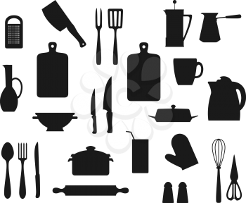 Kitchen utensil, cutlery and kitchenware black silhouettes. Vector cooking pot, knives, spoon and fork, grater, spatula, salt and pepper shakers, tea and coffee pots, kettle, rolling pin, cup, whisk