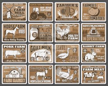 Farm vector design of agriculture barn, harvest field and tractor, animals, vegetables and windmill. Cow milk, chicken eggs and poultry meat, pork, sheep, rabbit farm and horseback riding ranch