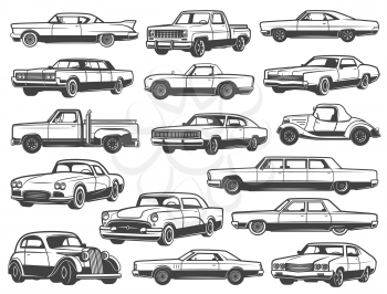 Retro car and vintage auto vector icons. Old classic vehicle models of automobiles, coupe, cabriolet and sedan, sportcar, pickup and mini truck, van and hatchback. Race sport and motor show design