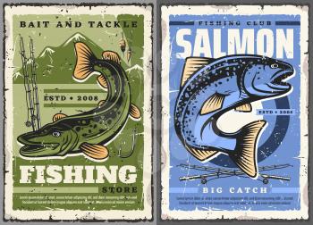 Fishing sport vector design with fisherman rods, salmon fish and pike, hook, float and bobber, mountain lake and river. Fishing bait and tackle store, sporting club retro posters
