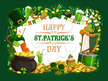 St Patricks Day vector shamrock, leprechaun gold and hat, green beer, lucky horseshoe and clover leaves, flag of Ireland, golden coins and treasure cauldron, celtic elf shoes, smoking pipe and drum