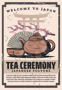 Tea ceremony cups and pot of Japanese green powdered tea matcha with flowers of sakura tree, Asian paper fan and torii gate vector design. Traditions of oriental culture and Zen Buddhism, travel theme