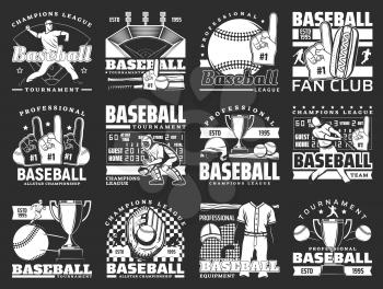 Baseball sport game championship vector icons with balls, bats and winner trophy cup, players, stadium play field, catcher gloves and helmets, scoreboard and foam finger. Sporting competition emblems