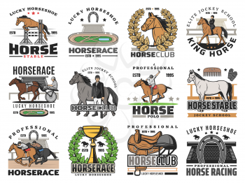 Horse and jockey vector icons of equestrian sport badges design. Thoroughbred race horses, riding club riders and polo mallet, hippodrome, trophy, equine whip and saddle, horseshoe, helmet, racetrack