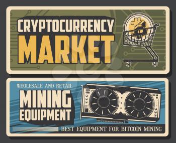 Bitcoin mining equipment and cryptocurrency market vector design with crypto currency coin in shopping cart, gpu graphic card and circuit board pattern. Digital money, blockchain technology themes