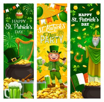 Traditional Irish religious holiday St. Patricks day lettering greetings. Vector bearded man in green, leprechaun, musical instruments drum and harp. Rainbow and pot of gold, flag of Ireland, shamrock