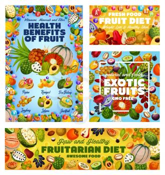 Exotic fruit vitamins, health benefits of fruitarian diet and GMO free tropical berries vector design. Tangerine, cherimoya and persimmon, apple cashew, jackfruit and soursop, cantaloupe and kumquat