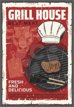 Bbq restaurant retro design with vector beef meat steak, gridiron grill, barbecue fork and spatula, charcoal fire, chef hat and cutting board. Picnic or cookout party invitation poster