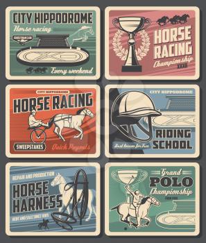 Equestrian sport vector design with horses and jockeys at hippodrome. Horse racing trophy cups, racehorses and equine harness, polo rider mallet and helmet, riding school racetrack, saddle, horseshoe