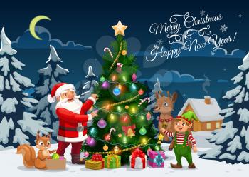 Merry Christmas and Happy New Year, winter holidays vector calligraphy greeting. Santa, elf and reindeer with squirrel decorating Christmas tree with Xmas lights, golden bell, gifts and ball ornaments