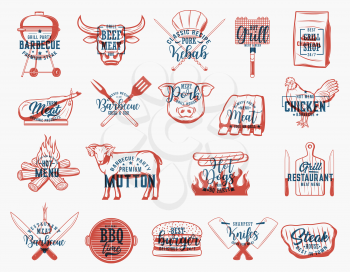 Barbecue meat food on grill sketches with letterings, bbq party and restaurant vector design. Sausage, beef steak and fire flame, picnic or cookout chef hat, spatula, fork, knives and cutting board