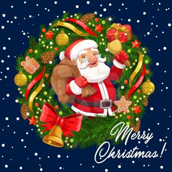Santa with Christmas bell vector greeting card of Xmas or New Year design. Claus in frame of Christmas tree wreath with gift bag, stars and present box, snow, ribbons and bows, gingerbread and balls