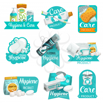 Hygiene and personal care product vector icons. Soap, toothbrush and toothpaste, shampoo, sponge and toilet paper, cotton wool balls and pads, shaver, shaving foam and wet wipe, floss, tampon, diaper