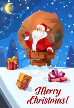 Merry Christmas vector poster, Santa with gifts bag in chimney on house roof top. Christmas wish and greetings, moon in night sky and snowflakes falling in forest