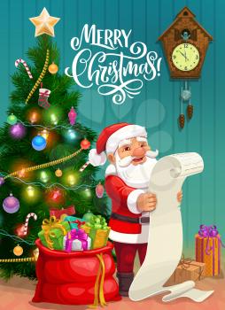 Merry Christmas greeting, Santa reading wish list with gifts in bag, vector poster. Xmas tree lights and ornament decorations, balls, golden tinsel and candy canes with present socks and cuckoo clock