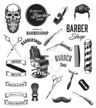 Barber shop vintage vector icons, barbershop mustaches and beard shave salon symbols. Barber equipment tools, scissors and hipster skull, razors, shaving brush and hair dryer, chair and pole signage