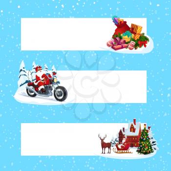 Christmas banners vector design with Santa and Xmas gifts. Claus, Christmas tree, present boxes and ribbon bows, reindeer sledge, motorcycle and snow, holly berry, candies and balls with copy space