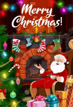 Merry Christmas, vector poster with Santa drinking tea in chair at fireplace with gift socks. Christmas tree lights and decorations, balls, candy canes, golden tinsel, clock and candles