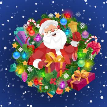Santa with Christmas bell and gift in frame of Xmas wreath vector design. Pine and holly berry tree branches, New Year present boxes, ribbon bows and snow, stars, balls and snowflakes, candies, lights