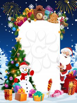 Santa and snowman with blank sign vector greeting card. Christmas tree, Xmas gifts and snow, star, balls and gingerbread, snowflakes, sock and present boxes, ribbon bows, candy canes and fireworks