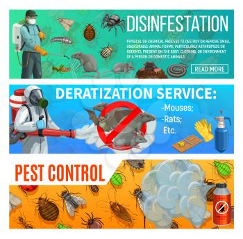 Pest control disinfestation and deratization health sanitary service, vector web banners. Domestic insects ticks, bugs and cockroach disinfection, agrarian fumigation, rats and mouse extermination