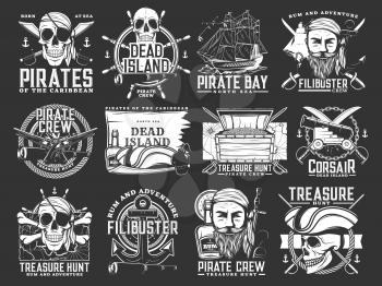 Caribbean pirates and corsair icons. Treasure hunt adventure monochrome vector emblems set with human skull in bandana and tricorne hat, pirate ship and cutlass sabre, anchor, steering wheel and rum