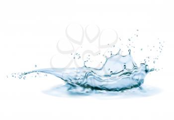 Crown water splash with swirl and drops. Vector liquid splashing aqua dynamic motion, graphic design element with spray droplets side view isolated on white background, ad realistic 3d pure water