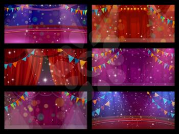 Circus and theater stage interior with curtains, funfair carnival show. Circus stage or theater performance show scene with red drapery curtains, flags and spotlight projectors