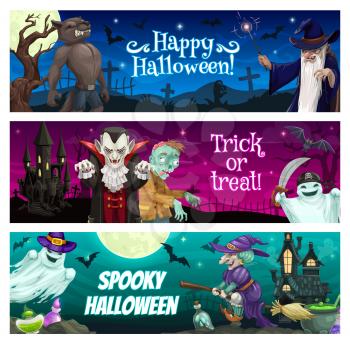 Halloween banners, party holiday and trick or treat vector background. Happy Halloween horror night pumpkins, spooky bats and scary moon, holiday celebration monsters vampire, ghosts, witch and zombie
