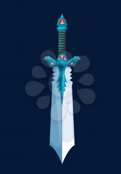 Magical cartoon steel broadsword blade. Vector dagger with jagged edges and gem stones on hilt. Knight sword, glaive or knife, cold arms. Ui design element for computer game, magic warrior weapon