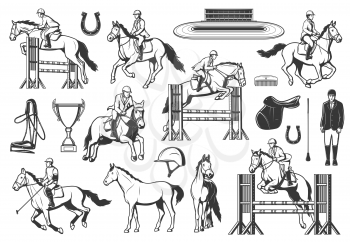 Equestrian sport, horse racing and show jumping. Jockey riding stallion, jumping obstacles and racing on hippodrome, polo player, saddle and whip, harness, horseshoe and trophy, helmet, comb vector