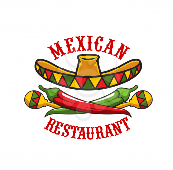 Mexican restaurant icon of vector sombrero hat, maracas, red chilli pepper and green jalapeno. Mexican cuisine spice food and festive sombrero symbol of comida, tex-mex restaurant or bistro design
