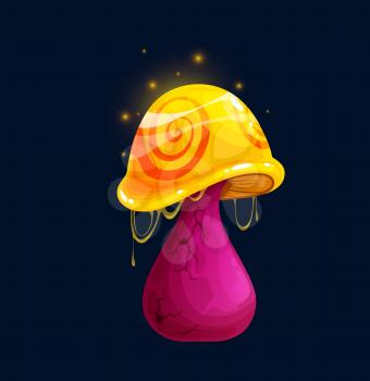 Fantasy magic toxic cartoon mushroom, poisonous amanita or luminous toadstool, vector icon. Fairy tale magic mushroom in neon purple or pink with golden cap and toxic light sparkles or poisonous drips