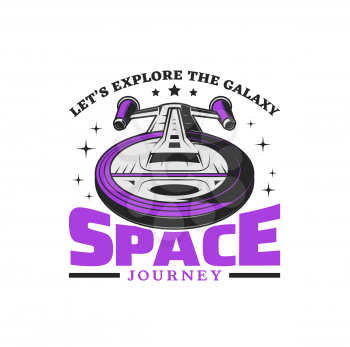 Futuristic space shuttle vector icon of space travel, journey and adventure design. Spaceship or starship flying through galaxy universe with stars, asteroids and meteors isolated symbol design